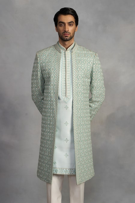 Gargee Designers_Mint Polyester, Viscose Embroidery Zeb Indowestern Sherwani Set_at_Aza_Fashions