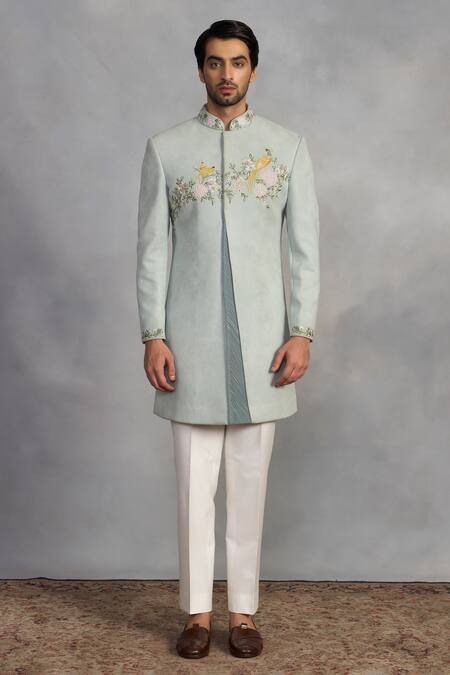 Shop Gargee Designers Green Polyester, Viscose Embroidery Mint Indowestern Sherwani Set Online at Aza Fashions Shop_Gargee Designers_Green Polyester, Viscose Embroidery Mint Indowestern Sherwani Set _Online_at_Aza_Fashions