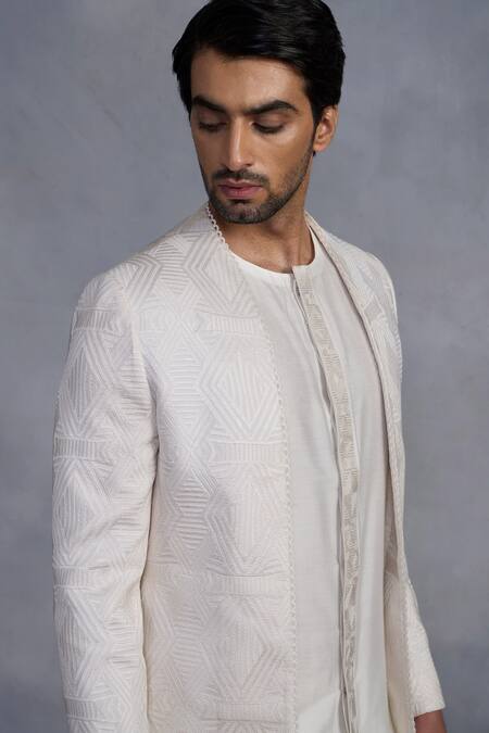 Gargee Designers_White Cotton Satin, Cotton, Silk Embroidery Chakori Indowestern Set _Online_at_Aza_Fashions