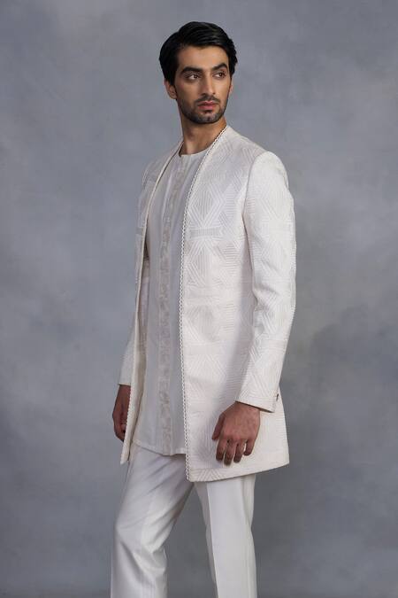 Buy_Gargee Designers_White Cotton Satin, Cotton, Silk Embroidery Chakori Indowestern Set _Online_at_Aza_Fashions