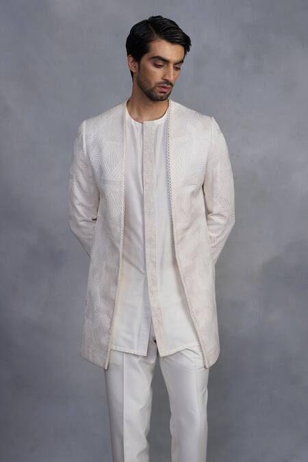 Shop_Gargee Designers_White Cotton Satin, Cotton, Silk Embroidery Chakori Indowestern Set _Online_at_Aza_Fashions