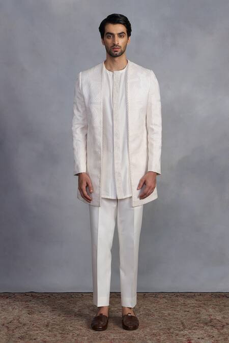 Gargee Designers_White Cotton Satin, Cotton, Silk Embroidery Chakori Indowestern Set _at_Aza_Fashions