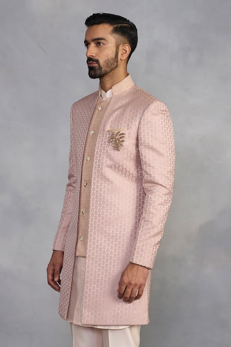 Buy_Gargee Designers_Peach Polyester, Jacquard, Viscose Embroidery Khushnuma Indowestern Set _Online_at_Aza_Fashions