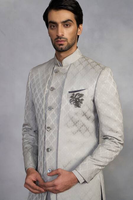 Gargee Designers_Gray Polyester, Viscose Raag Grey Indowestern Sherwani Set _Online_at_Aza_Fashions