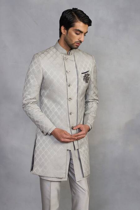 Buy_Gargee Designers_Gray Polyester, Viscose Raag Grey Indowestern Sherwani Set _Online_at_Aza_Fashions