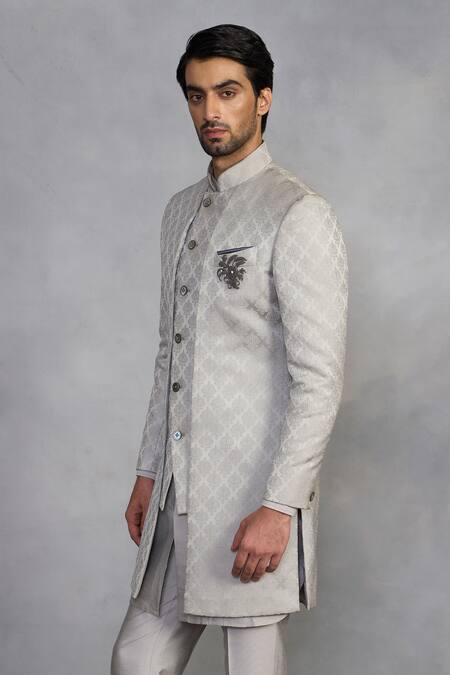 Shop_Gargee Designers_Gray Polyester, Viscose Raag Grey Indowestern Sherwani Set _Online_at_Aza_Fashions