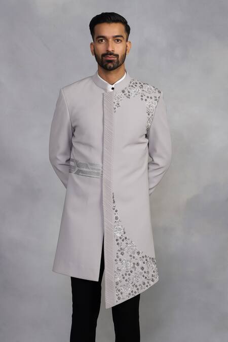 Shop_Gargee Designers_Gray Polyester Embroidery Designer Indowestern Sherwani Set _Online_at_Aza_Fashions