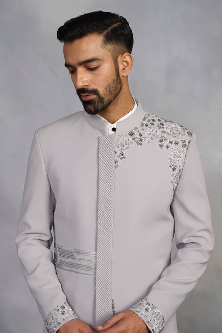 Gargee Designers_Gray Polyester Embroidery Designer Indowestern Sherwani Set _at_Aza_Fashions