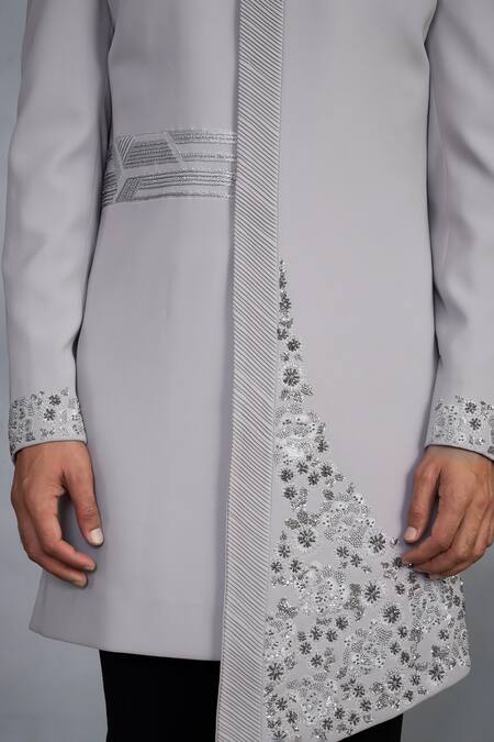 Shop_Gargee Designers_Gray Polyester Embroidery Designer Indowestern Sherwani Set 