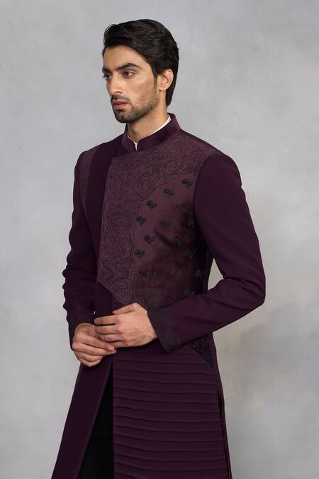 Buy_Gargee Designers_Wine Polyester, Velvet Embroidery Kashish Indowestern Set _Online_at_Aza_Fashions