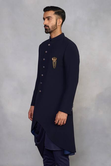 Gargee Designers_Navy Polyester, Viscose Brooches Indowestern Sherwani Set _Online_at_Aza_Fashions