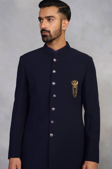 Buy_Gargee Designers_Navy Polyester, Viscose Brooches Indowestern Sherwani Set _Online_at_Aza_Fashions