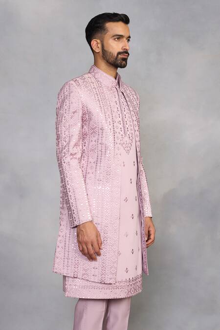Shop_Gargee Designers_Purple Polyester, Viscose Embroidery, Sequins Zaheen Lilac Indowestern Set _Online_at_Aza_Fashions