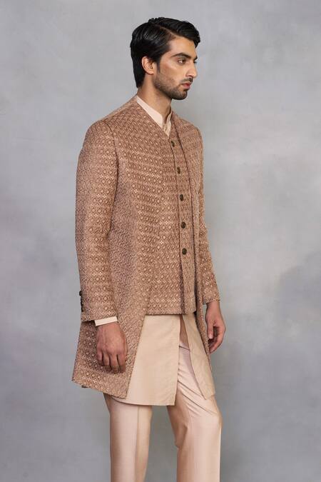 Buy_Gargee Designers_Beige Polyester, Cotton, Silk Embroidery Indowestern Sherwani Set _Online_at_Aza_Fashions