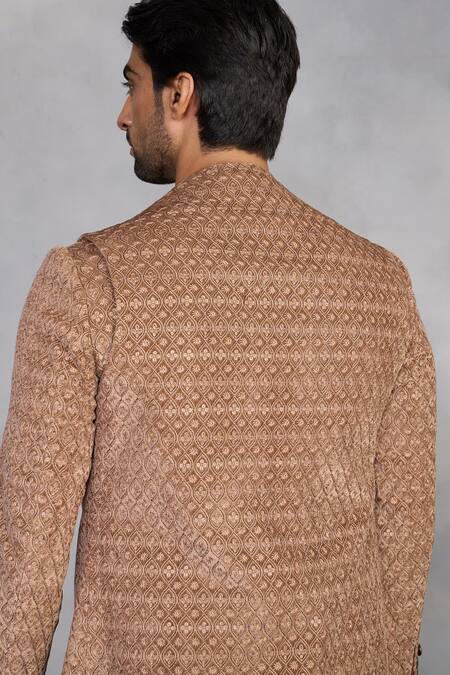 Shop_Gargee Designers_Beige Polyester, Cotton, Silk Embroidery Indowestern Sherwani Set _Online_at_Aza_Fashions