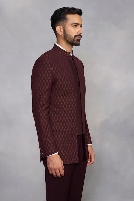 Gargee Designers_Wine Polyester, Viscose Rasiya Jodhpuri Set _Online_at_Aza_Fashions