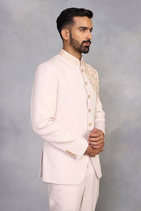 Shop_Gargee Designers_Peach Polyester, Viscose Zari, Embroidery Mehtab Jodhpuri Set _Online_at_Aza_Fashions