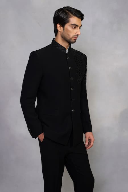 Gargee Designers_Black Polyester, Viscose Embroidery Zubair Jodhpuri Set _Online_at_Aza_Fashions