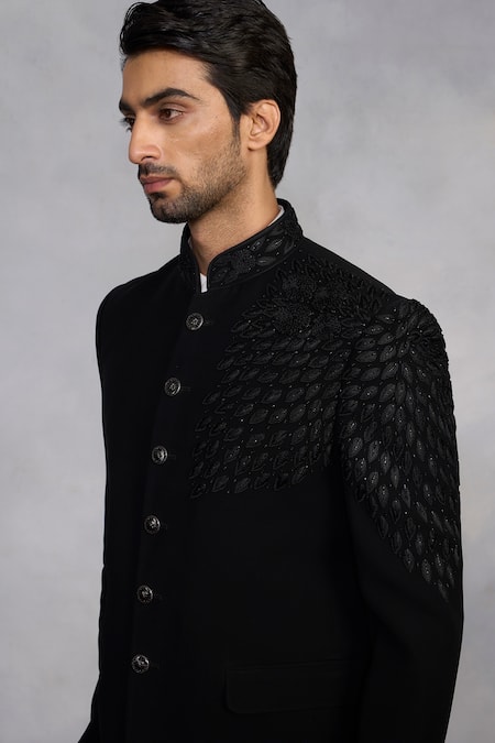 Gargee Designers_Black Polyester, Viscose Embroidery Zubair Jodhpuri Set _at_Aza_Fashions