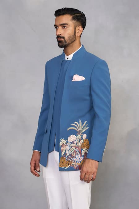 Gargee Designers_Blue Polyester, Viscose Embroidery Rafiq Jodhpuri Set _Online_at_Aza_Fashions