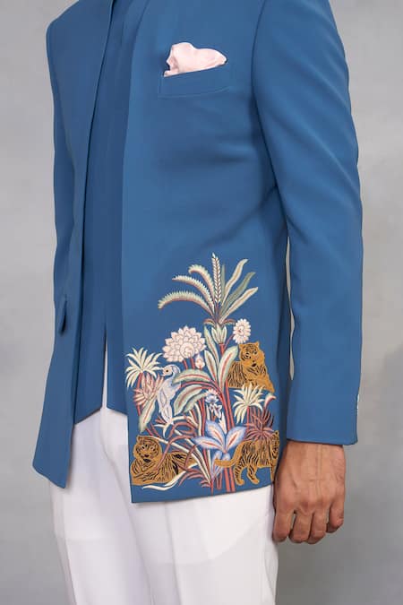 Shop_Gargee Designers_Blue Polyester, Viscose Embroidery Rafiq Jodhpuri Set _Online_at_Aza_Fashions