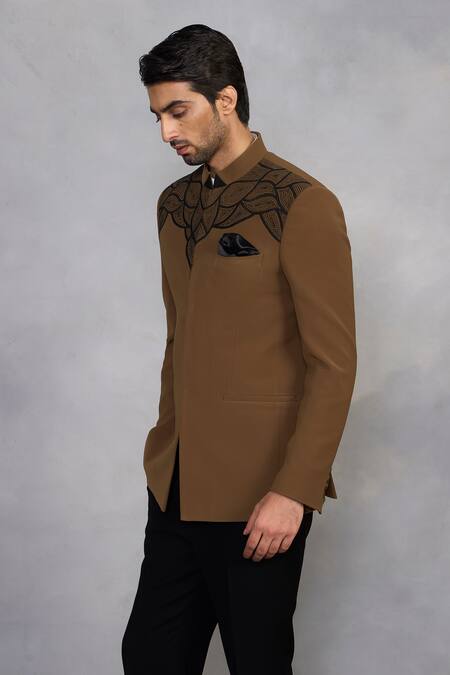 Gargee Designers_Brown Polyester, Viscose Embroidery Hazelnut Jodhpuri Set _Online_at_Aza_Fashions