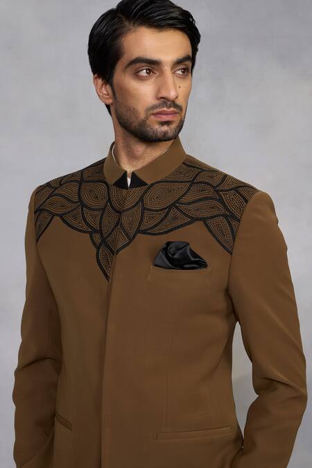 Buy_Gargee Designers_Brown Polyester, Viscose Embroidery Hazelnut Jodhpuri Set _Online_at_Aza_Fashions