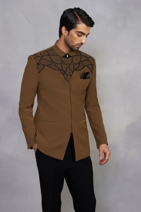 Shop_Gargee Designers_Brown Polyester, Viscose Embroidery Hazelnut Jodhpuri Set _Online_at_Aza_Fashions
