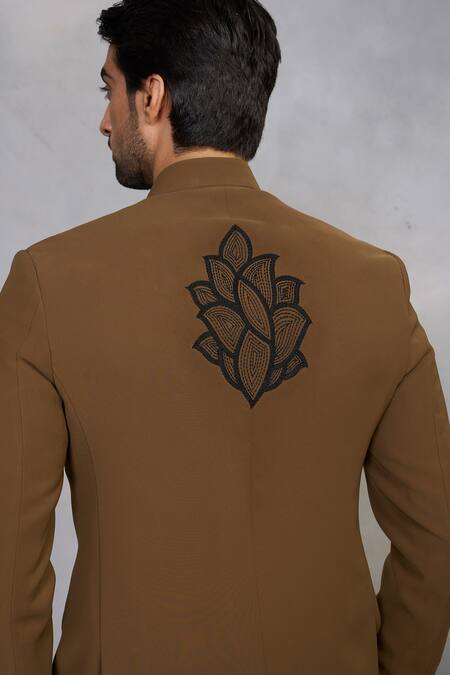 Gargee Designers_Brown Polyester, Viscose Embroidery Hazelnut Jodhpuri Set _at_Aza_Fashions