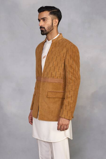 Gargee Designers_Brown , Suede, Satin, Corduroy Camel Jodhpuri Set _Online_at_Aza_Fashions