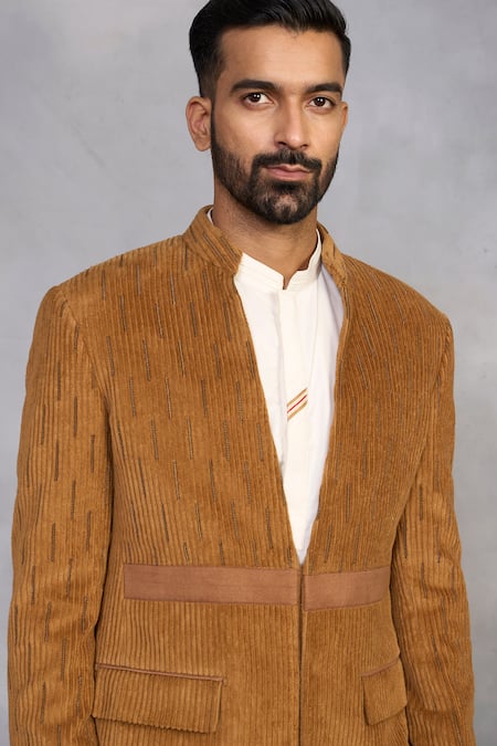 Gargee Designers_Brown , Suede, Satin, Corduroy Camel Jodhpuri Set _at_Aza_Fashions