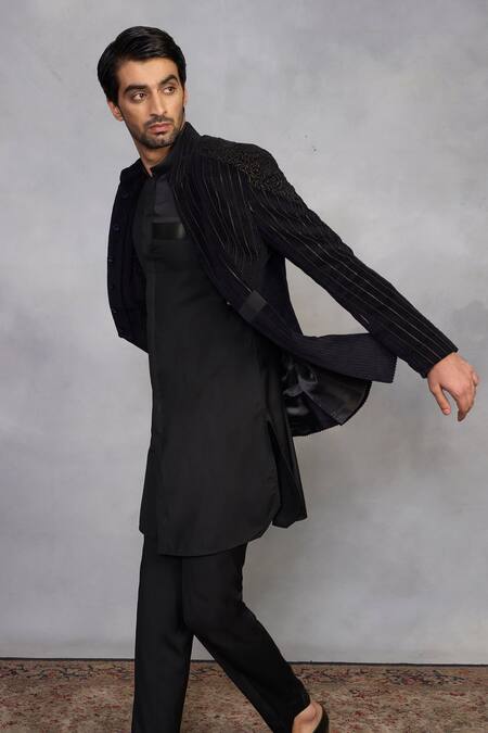 Gargee Designers Black , Satin, Corduroy, Suede Embroidery Stylized Jodhpuri Set Online at Aza Fashions Gargee Designers_Black , Satin, Corduroy, Suede Embroidery Stylized Jodhpuri Set _Online_at_Aza_Fashions