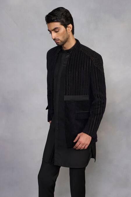 Shop Gargee Designers Black , Satin, Corduroy, Suede Embroidery Stylized Jodhpuri Set Online at Aza Fashions Shop_Gargee Designers_Black , Satin, Corduroy, Suede Embroidery Stylized Jodhpuri Set _Online_at_Aza_Fashions