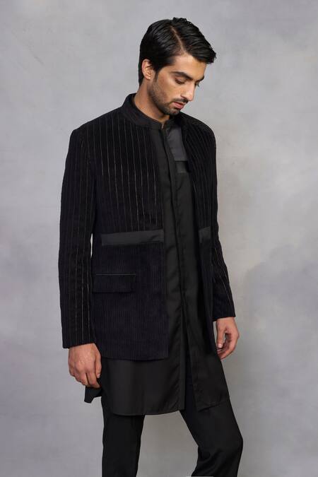 Gargee Designers Black , Satin, Corduroy, Suede Embroidery Stylized Jodhpuri Set at Aza Fashions Gargee Designers_Black , Satin, Corduroy, Suede Embroidery Stylized Jodhpuri Set _at_Aza_Fashions