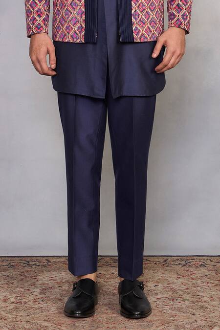 Gargee Designers_Blue Velvet, Cotton, Silk Embroidery Sohbat Pink Jodhpuri Set _Online_at_Aza_Fashions