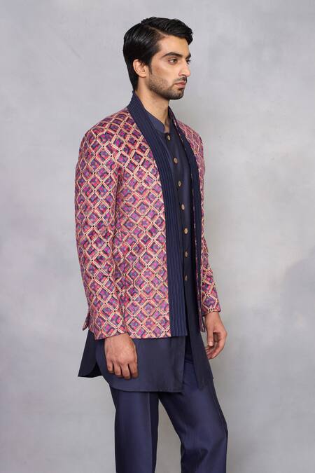 Buy_Gargee Designers_Blue Velvet, Cotton, Silk Embroidery Sohbat Pink Jodhpuri Set _Online_at_Aza_Fashions