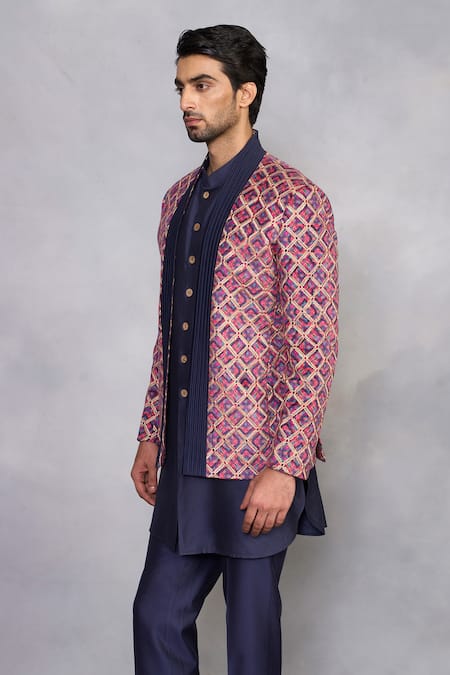 Shop_Gargee Designers_Blue Velvet, Cotton, Silk Embroidery Sohbat Pink Jodhpuri Set _Online_at_Aza_Fashions