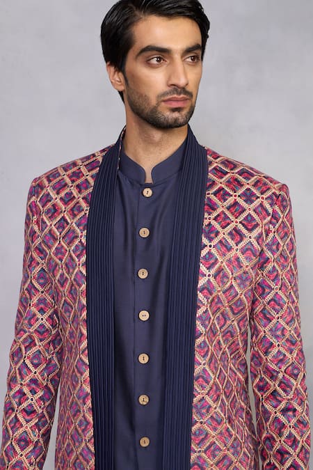 Gargee Designers_Blue Velvet, Cotton, Silk Embroidery Sohbat Pink Jodhpuri Set _at_Aza_Fashions