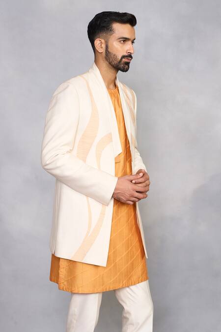 Gargee Designers_Yellow Silk, Cotton Nazara Turmeric Indowestern Set _Online_at_Aza_Fashions