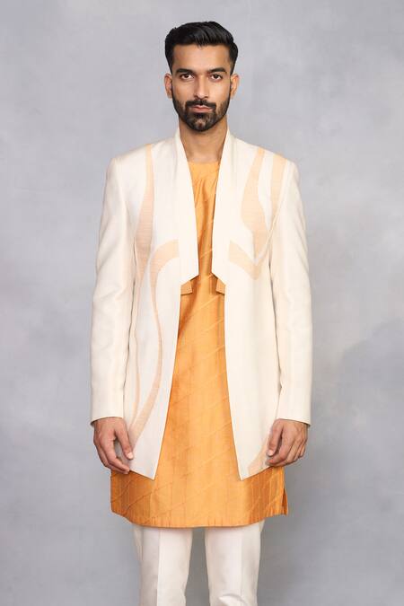 Buy_Gargee Designers_Yellow Silk, Cotton Nazara Turmeric Indowestern Set _Online_at_Aza_Fashions