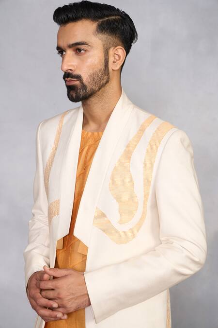 Gargee Designers_Yellow Silk, Cotton Nazara Turmeric Indowestern Set _at_Aza_Fashions