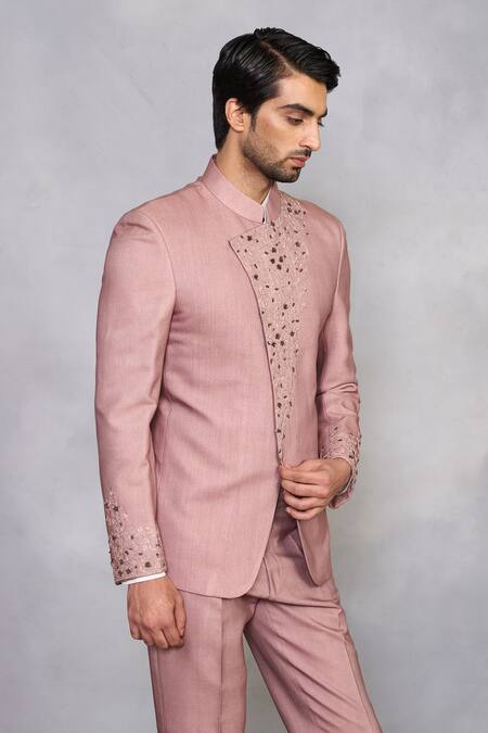 Gargee Designers_Pink Silk, Twill Beads, Embroidery Gulzar Dusty Rose Jodhpuri Set _Online_at_Aza_Fashions