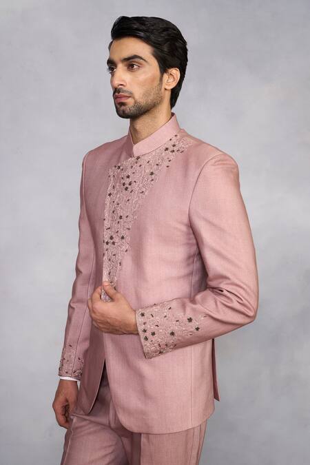 Buy_Gargee Designers_Pink Silk, Twill Beads, Embroidery Gulzar Dusty Rose Jodhpuri Set _Online_at_Aza_Fashions