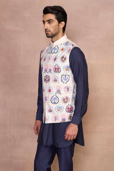 Buy_Gargee Designers_White Cotton, Silk Embroidery Bairaagi Multicolor Nehru Jacket Set _Online_at_Aza_Fashions