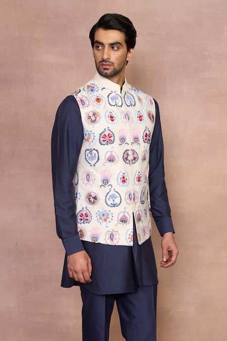 Shop_Gargee Designers_White Cotton, Silk Embroidery Bairaagi Multicolor Nehru Jacket Set _Online_at_Aza_Fashions