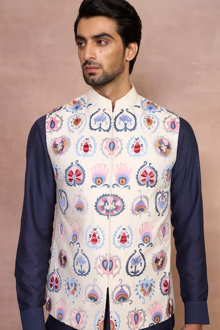 Gargee Designers_White Cotton, Silk Embroidery Bairaagi Multicolor Nehru Jacket Set _at_Aza_Fashions