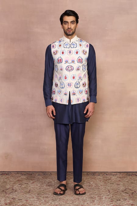 Buy_Gargee Designers_White Cotton, Silk Embroidery Bairaagi Multicolor Nehru Jacket Set 