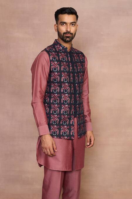 Buy_Gargee Designers_Blue Linen, Cotton, Silk Embroidery Chhand Pink Bundi Set_Online_at_Aza_Fashions