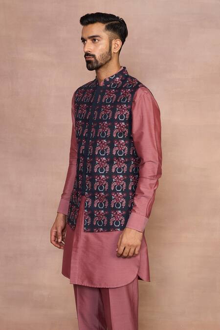 Shop_Gargee Designers_Blue Linen, Cotton, Silk Embroidery Chhand Pink Bundi Set_Online_at_Aza_Fashions