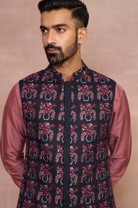 Gargee Designers_Blue Linen, Cotton, Silk Embroidery Chhand Pink Bundi Set_at_Aza_Fashions